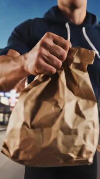 Urgent delivery. Man running with a package bag in his hand to deliver urgent parcel