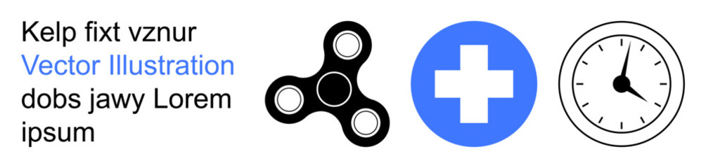 Obraz premium Time management, healthcare, stress relief, productivity, conceptual design, modern minimalism. Bold fidget spinner, blue medical cross and clock icons with abstract text. Stress relief