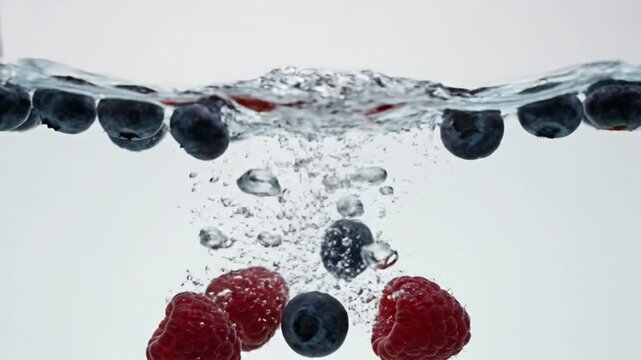 raspberries and blueberries creating splash in clear water