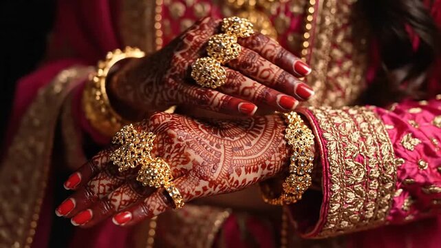 Beautiful Indian bride showing intricate henna mehndi design on her hands.