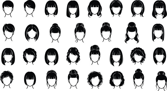 Women hairstyle silhouette collection, female haircuts and bangs styles icons set, black isolated vector illustration design