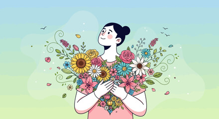 Woman holding colorful flowers with joyful expression outdoors