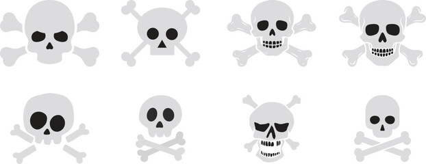 Naklejka premium Skull Cross Bone Icon set Collection Group with Pirate Symbol, Danger Sign, Poison Emblem, Hazard , Gothic Tattoo Design, Halloween Graphic for Sticker Logo Print Poster Banner.