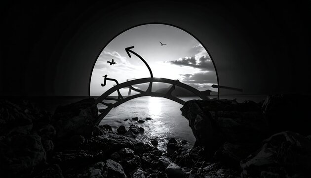 Abstract monochrome bridge over water, framed by a dark archway, with birds and surreal arrow overlays