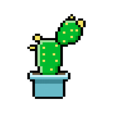 Pixel Art Flowering Green Cactus In Blue Pot