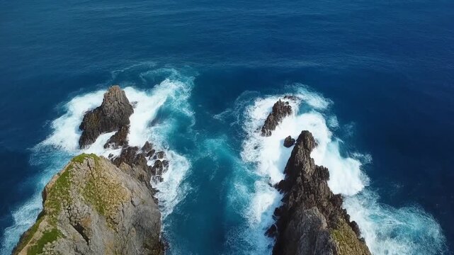 Aerial view of rugged rocky coastline with crashing waves against sharp cliffs and sea stacks in the ocean