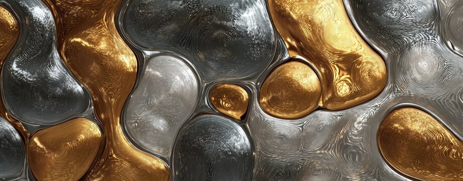 Close up of metallic surface with gold and silver surface displays intricate gold and silver patterns
