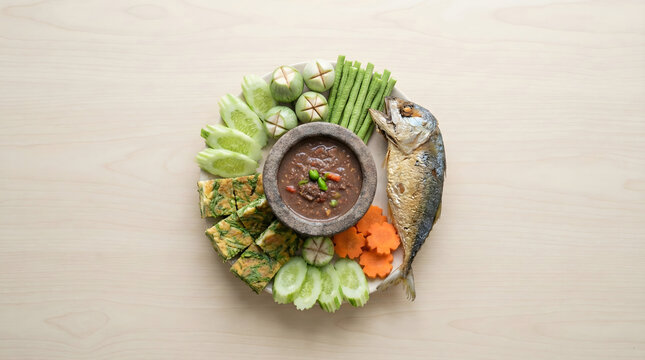 Authentic Thai shrimp paste dip Nam Prik Kapi with fried mackerel and fresh vegetables set
