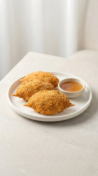 Crispy Thai deep-fried crab shells or Pu Jha served with sweet plum sauce on white plate