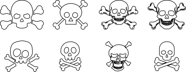Skull Cross Bone Icon set Collection Group with Pirate Symbol, Danger Sign, Poison Emblem, Hazard , Gothic Tattoo Design, Halloween Graphic for Sticker Logo Print Poster Banner.