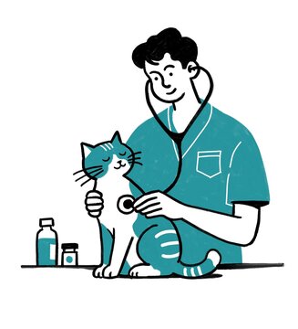 Ilustraci&oacute;n en colores negro y turquesa de un Veterinario con un gato mientras lo est&aacute; auscultando.
