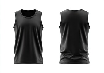 Front and back view of a blank, black tank top on a white background