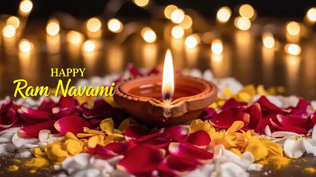 Happy Ram Navami Celebration with Traditional Oil Lamp Diya, Glowing Lights and Festive Decor &ndash; Indian Festival, Hindu Religious Event, Spirituality, Joy, and Warmth, Symbolizing Light over Darkness. 