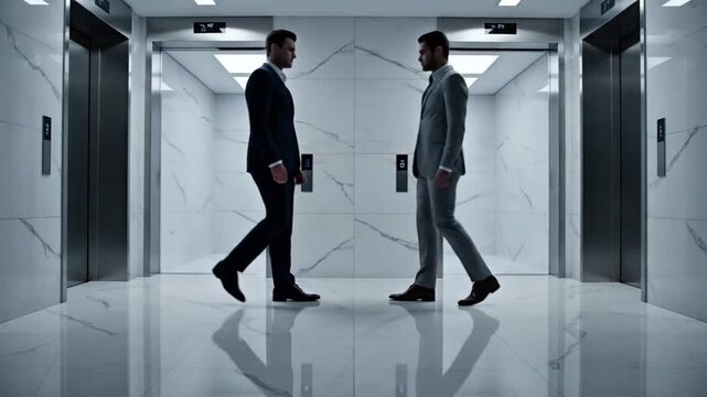 Two business people exiting opposite elevators corporate competition