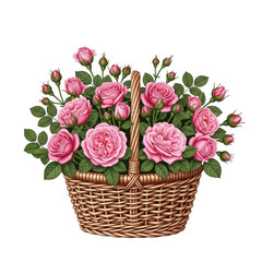 Obraz premium A basket filled with vibrant pink roses and lush green leaves isolated on transparent background