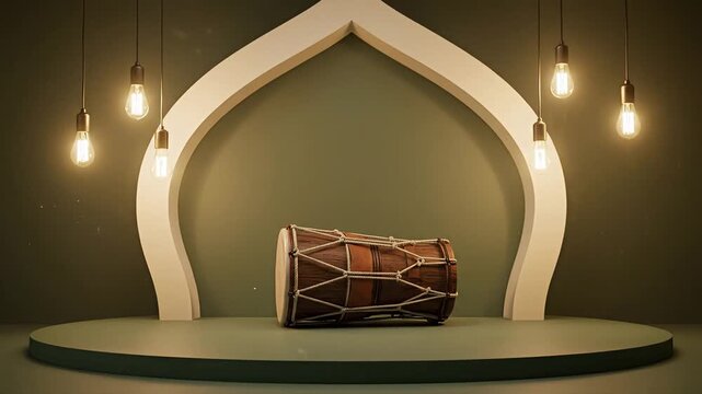 Traditional Bedug Drum on Podium with Illuminated Mosque Archway and Hanging Light Bulbs