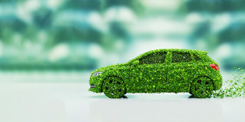Car Covered in Green Leaves Eco Friendly Concept.