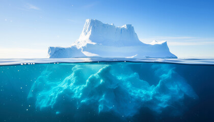 Iceberg Floating in Deep Blue Ocean with Underwater View.