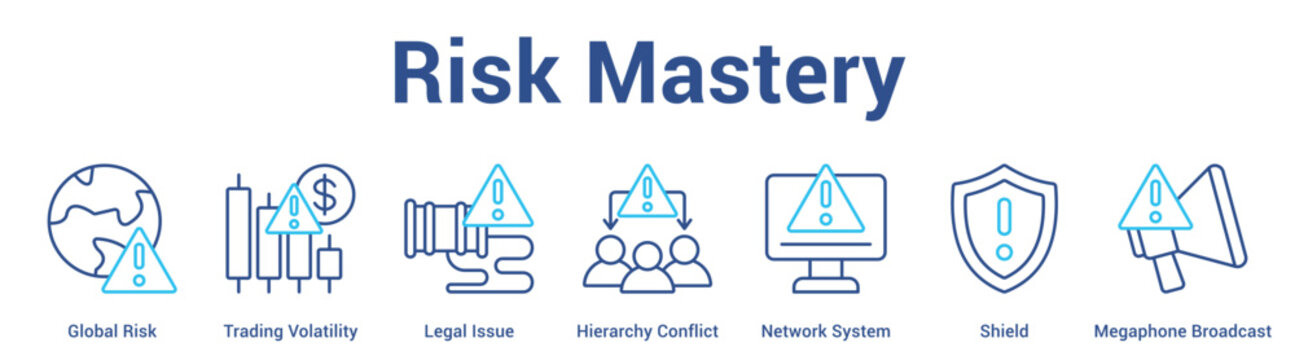 Risk Mastery web banner icon set vector illustration concept for business with icon of Global Risk, Trading Volatility, Legal Issue, Hierarchy Conflict, Network System, Shie.