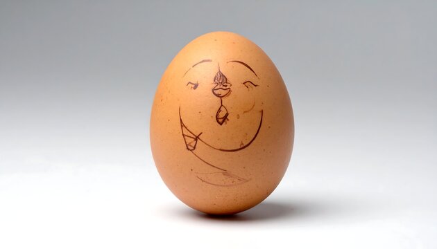 A brown egg is illustrated with a quirky smiling face and stands on white background