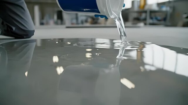 Epoxy Floor Pouring: Close-up shot of a worker pouring epoxy onto a floor, showcasing the process of floor renovation and the application of a durable, glossy coating.