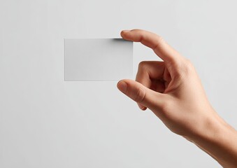 Hand holding a blank rectangular card, angled slightly, against a plain white background