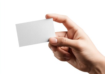 Close-up of a human hand holding a blank rectangular card against a white background