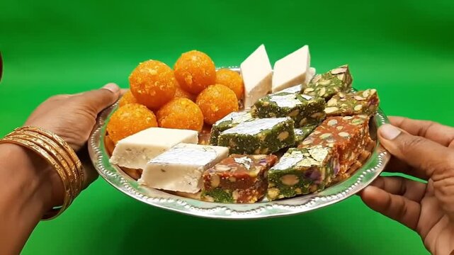 Hands Presenting a Platter of Delicious Traditional Indian Sweets and Mithai