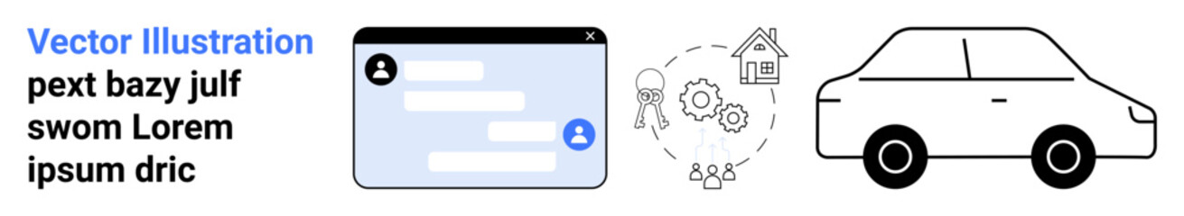 Fototapeta premium Communication, real estate, transportation, property keys, digital interaction, automotive . Chat screen, house keys and car outline in black and white design. Communication and real estate focus