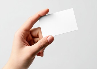 A hand holds a blank rectangular card against a gray background, ready for text