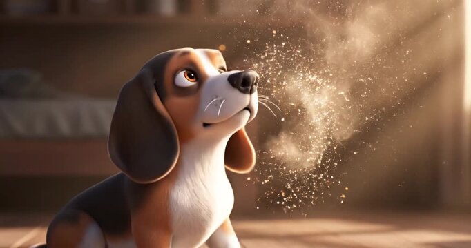 A curious beagle puppy gazes with wonder as magical sparkles float in a cozy room
