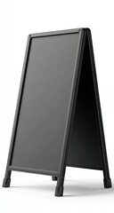 A black, double-sided sidewalk sign standing upright, with empty panels on a white background