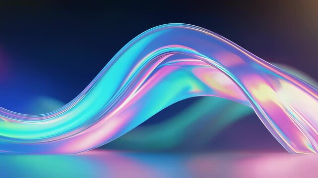 Iridescent liquid form curves and undulates against a dark, moody gradient background
