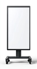 Isolated, upright rectangular display with black frame, white blank surface, and rolling wheels