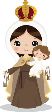 Illustration of the virgin of carmen our lady, virgin mary, for children, pretty