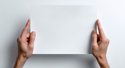 Hands holding up a blank, white piece of paper against a plain white background