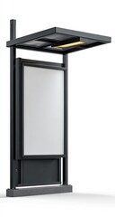 Modern outdoor display fixture with canopy, blank sign panel, and integrated lighting