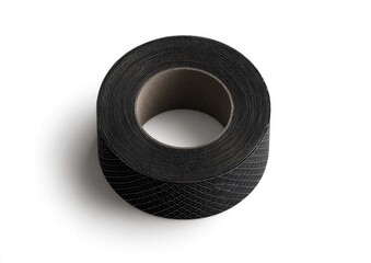 A roll of black adhesive tape, likely electrical, on a white background with soft shadow