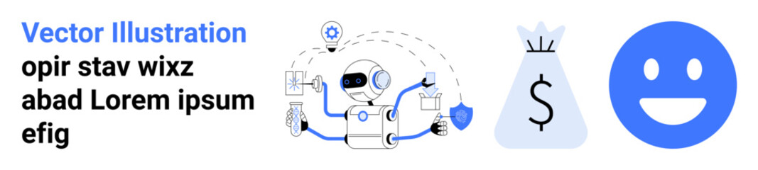 Fototapeta premium Financial processes, automation, fintech, robotics, cybersecurity, user satisfaction. a robot handling financial tasks, a money bag and a happy face. Automation and fintech