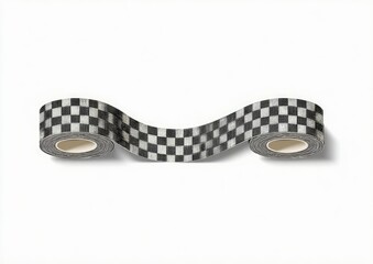 Spooled checkered patterned tape unrolled against a white backdrop