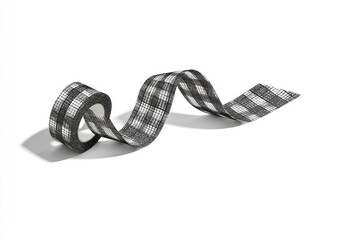 Roll of checkered tape unspooling in a wave across a white background