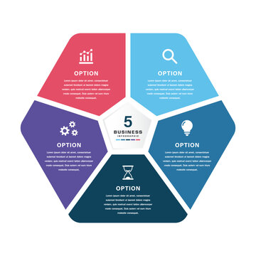 Pentagon business infographic template with five colorful segments and icons for chart, magnifying glass, light bulb, hourglass, and gears, ideal for corporate strategy, workflow, and decision making 