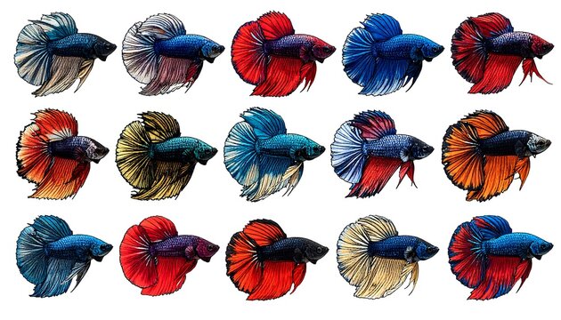An array of vibrant betta fish illustrations with flowing fins against a plain white background