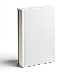 A white book stands upright with a plain, blank cover and a subtle shadow on a white backdrop