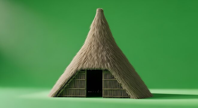 Traditional Thatched Hut Model on a Green Background.