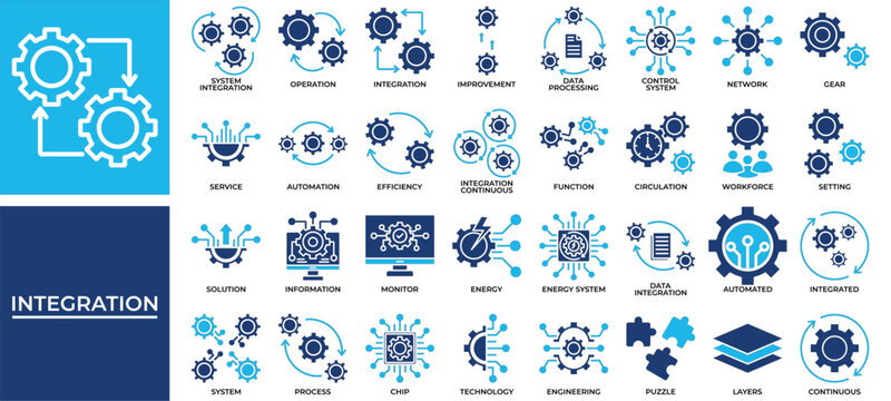 Integration icon set collection. Containing layers, operation, efficiency, puzzle, improvement, monitor, report .Solid vector icons collection