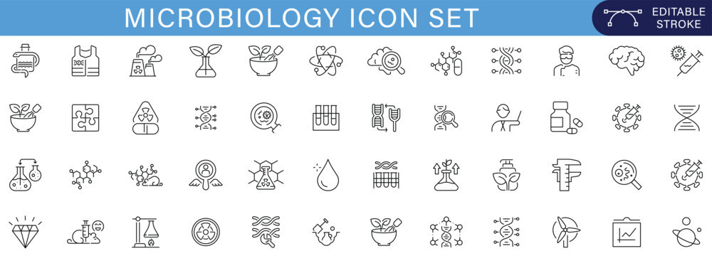 Minimal microbiology icon set featuring bacteria, virus, DNA, laboratory research, medical science, healthcare diagnostics, and infectious disease concepts with editable stroke style.