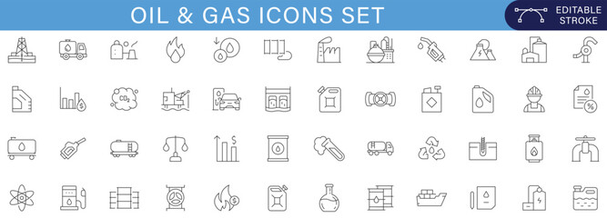 Minimal oil and gas industry outline icons featuring refinery, drilling, fuel station, pipeline, tanker, offshore platform, and energy production symbols with editable stroke style.