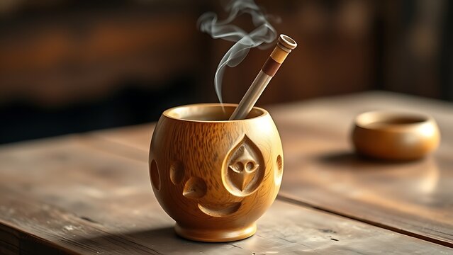 bombilla. Carved gourd mate cup with steam, on a rustic wooden table. bar promotions, beverage menus, designed for product packaging and bar promotions, used by real estate agents.
