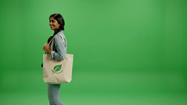 Smiling Young Woman Walking with Eco-Friendly Reusable Tote Bag on Green Screen